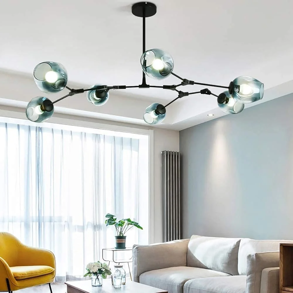 چراغ سقفی مولکولی اتاق خواب لوستر کریستالی خطی آویز ماهواره ای نورپردازی با سایه شیشه ای