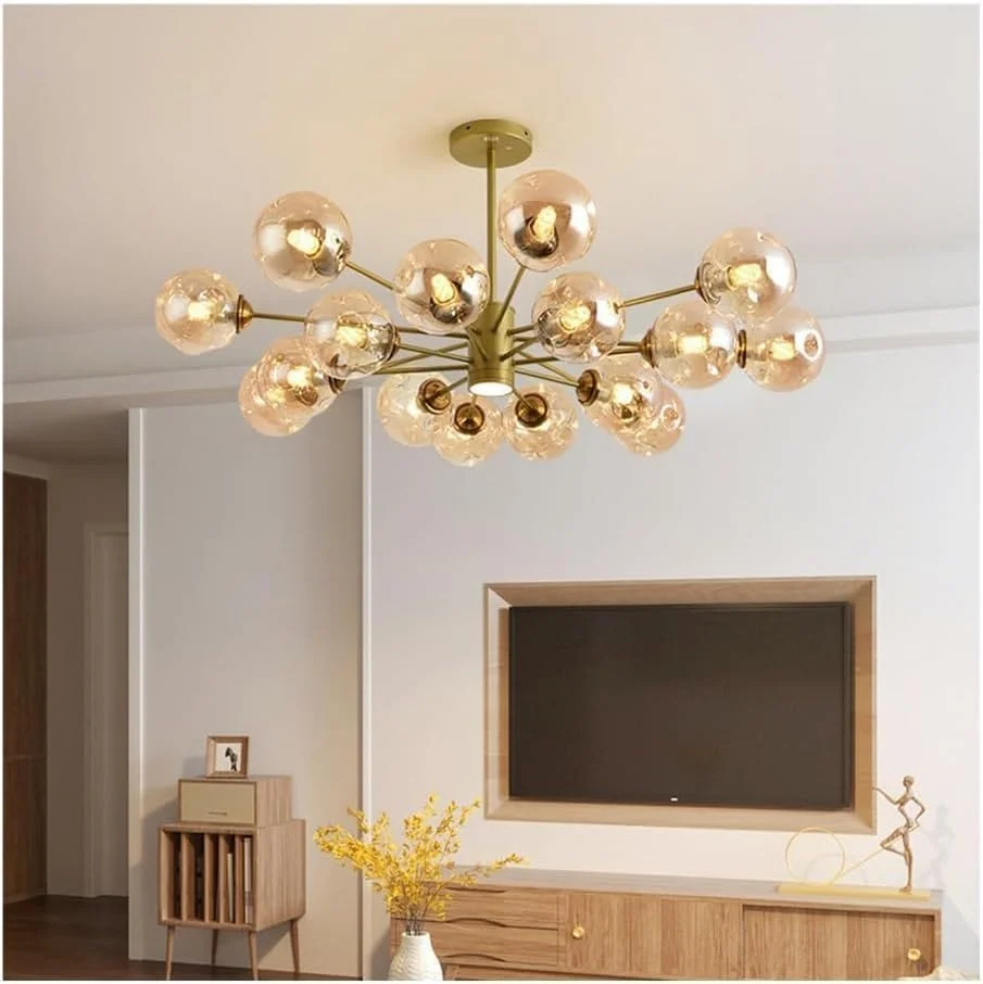 چراغ سقفی با نورافکن ال ای دی - لوستر خوشه ای حباب شیشه ای طلایی - توپ کهربایی مشکی - چراغ آویز مدرن اواسط قرن، دکور مدرن، Gr?-100cm