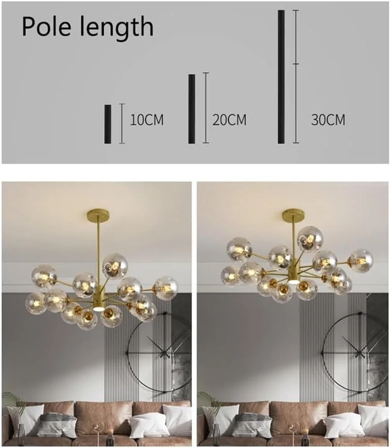چراغ سقفی با نورافکن ال ای دی - لوستر خوشه ای حباب شیشه ای طلایی - توپ کهربایی مشکی - چراغ آویز مدرن اواسط قرن، دکور مدرن، Gr?-100cm