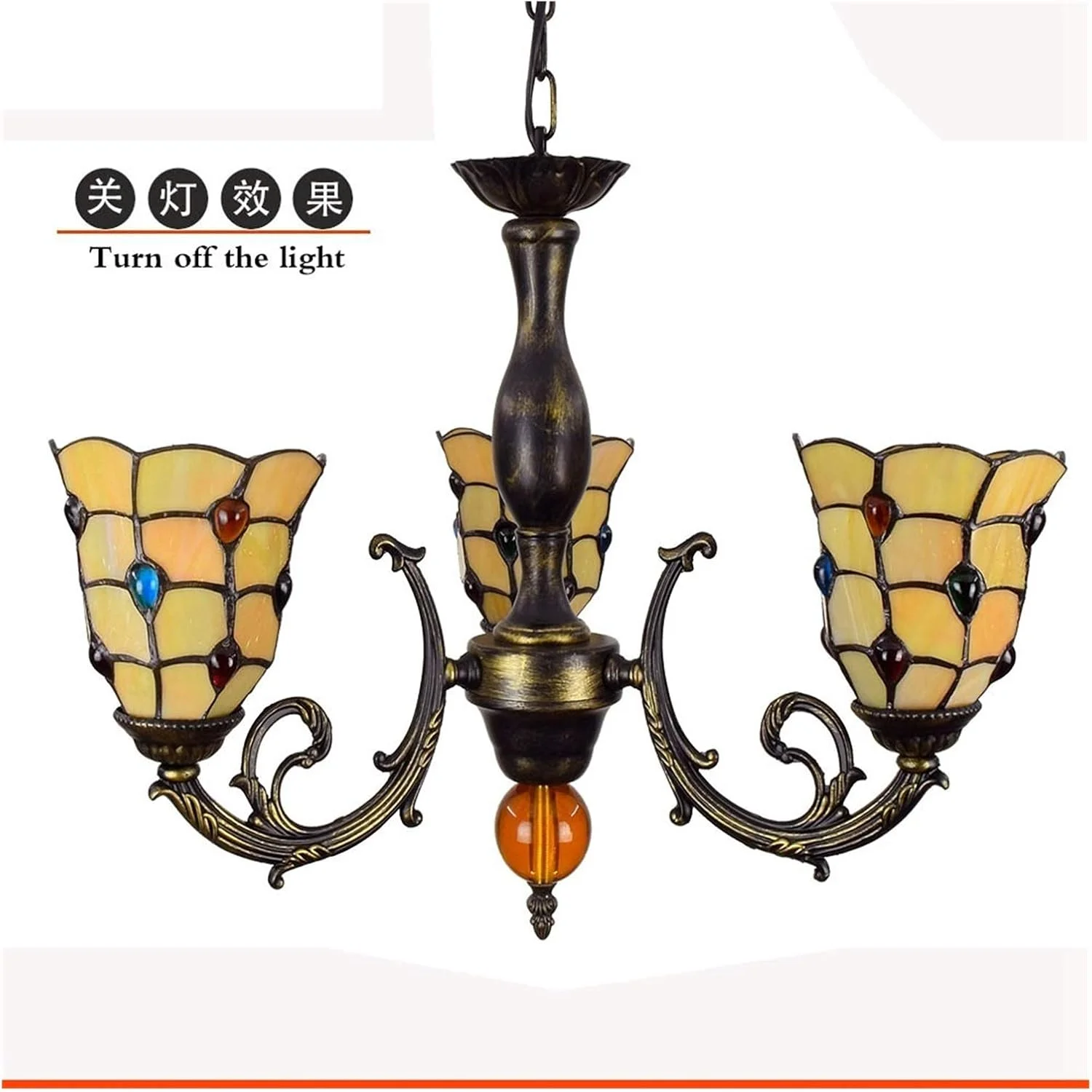 لوستر سقفی 6 اینچی به سبک تیفانی، شیشه رنگی، آویز با مهره های رنگارنگ، 3 شاخه با آویز وارونه