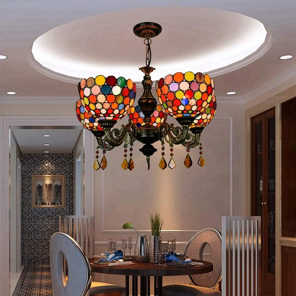 لوستر سقفی 24 اینچی 5 شاخه تیفانی شیشه ای چند رنگ آویز چراغ رستوران آویز کافه بار اتاق نشیمن