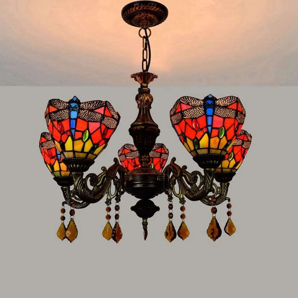 لوستر سقفی 24 اینچی تیفانی، لوستر 5 شاخه شیشه ای قرمز طرح سنجاقک، چراغ آویز رستورانی، نورپردازی آویز کافه، بار، اتاق نشیمن لوستر سقفی 24 اینچی تیفانی، لوستر 5 شاخه شیشه ای قرمز طرح سنجاقک، چراغ آویز رستورانی، نورپردازی آویز کافه، بار، اتاق نشیمن