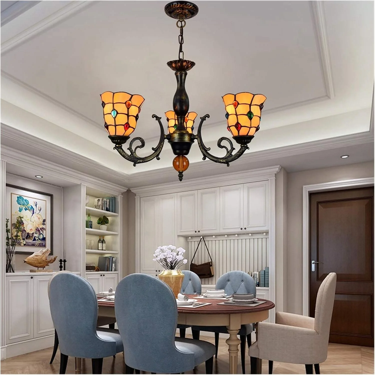 لوستر سقفی 6 اینچی به سبک تیفانی، شیشه رنگی، آویز با مهره های رنگارنگ، 3 شاخه با آویز وارونه