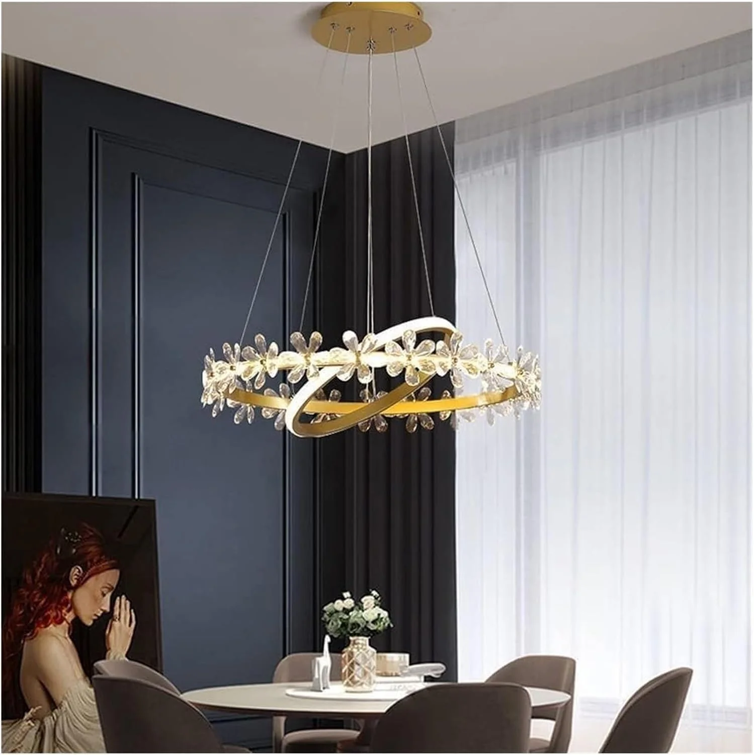 چراغ سقفی آویز گل معاصر لوستر متصل به گل کریستالی 2 حلقه چراغ آویز چراغ سقفی طلایی چراغ برای اتاق نشیمن