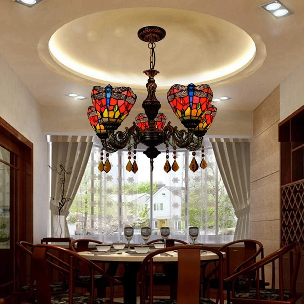 لوستر سقفی 24 اینچی تیفانی، لوستر 5 شاخه شیشه ای قرمز طرح سنجاقک، چراغ آویز رستورانی، نورپردازی آویز کافه، بار، اتاق نشیمن لوستر سقفی 24 اینچی تیفانی، لوستر 5 شاخه شیشه ای قرمز طرح سنجاقک، چراغ آویز رستورانی، نورپردازی آویز کافه، بار، اتاق نشیمن