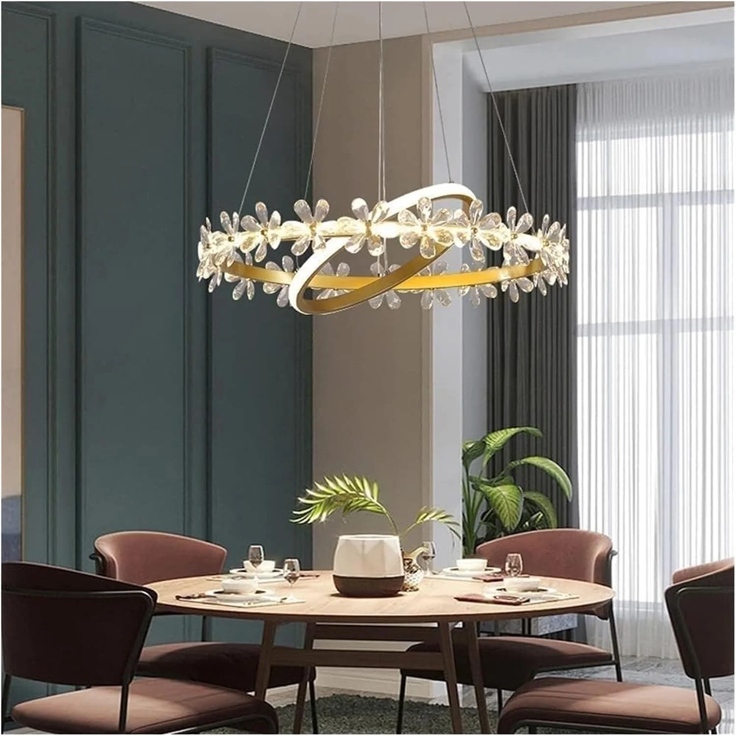 چراغ سقفی آویز گل معاصر لوستر متصل به گل کریستالی 2 حلقه چراغ آویز چراغ سقفی طلایی چراغ برای اتاق نشیمن