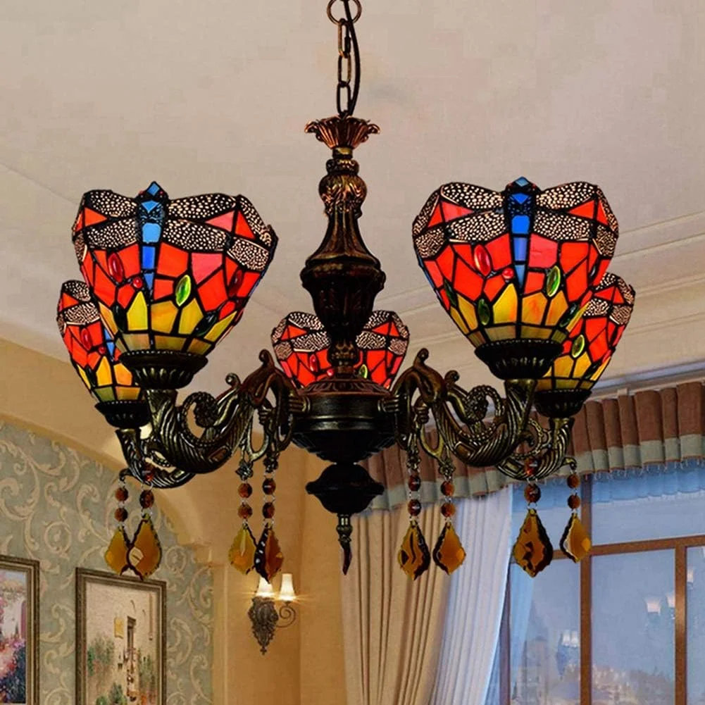 لوستر سقفی 24 اینچی تیفانی، لوستر 5 شاخه شیشه ای قرمز طرح سنجاقک، چراغ آویز رستورانی، نورپردازی آویز کافه، بار، اتاق نشیمن لوستر سقفی 24 اینچی تیفانی، لوستر 5 شاخه شیشه ای قرمز طرح سنجاقک، چراغ آویز رستورانی، نورپردازی آویز کافه، بار، اتاق نشیمن