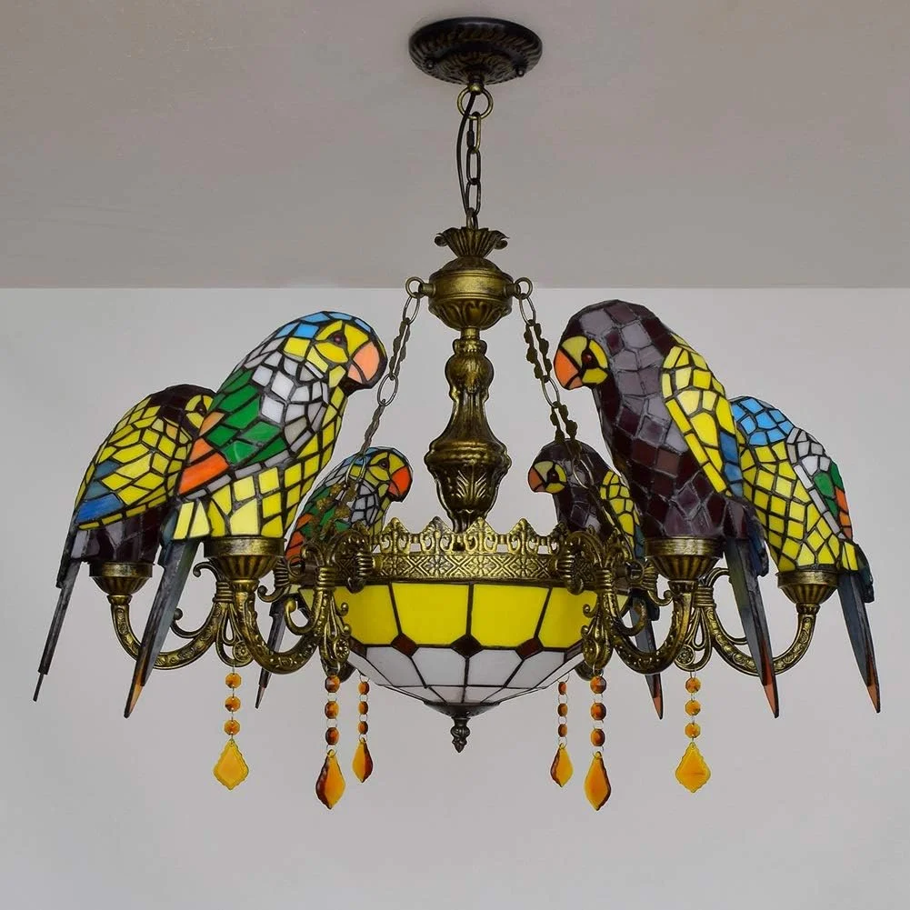 لوستر سقفی به سبک تیفانی طرح طوطی رنگی 8 شاخه با شیدهای شیشه ای رنگی، قطر 81 سانتی متر به همراه آویز 30 سانتی متری مناسب لابی، اتاق نشیمن، رستوران و بار