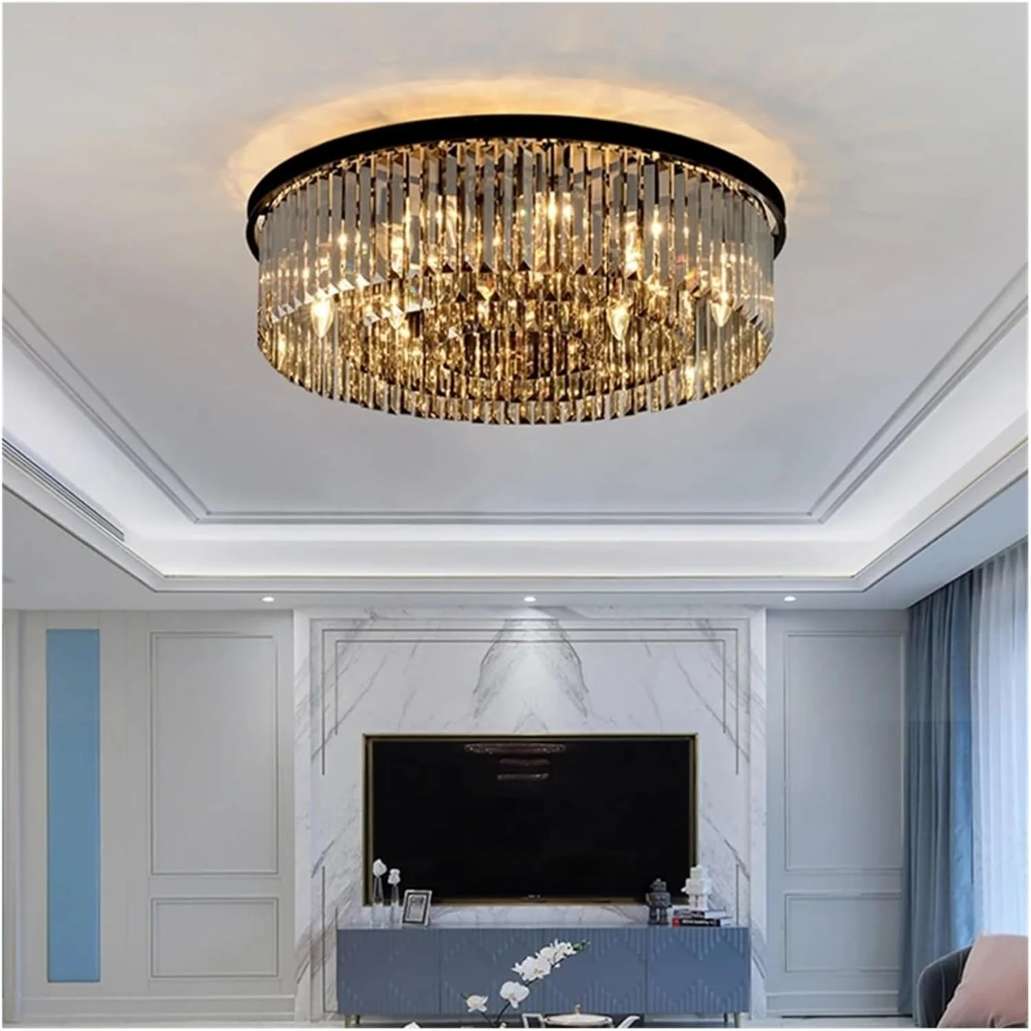 لوستر سقفی لوکس اتاق خواب و پذیرایی، لوستر کریستالی ال ای دی مدرن، دکور مدرن، تک رنگ - قطر 85 سانتی متر 3 لایه