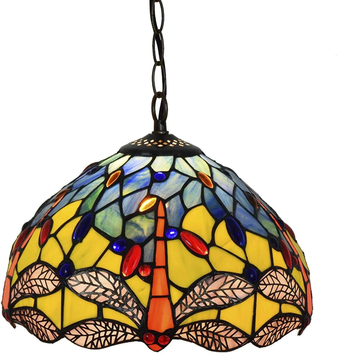 لوستر آویز شیشه ای رنگی سقفی 12 اینچی تیفانی طرح سنجاقک زرد، مناسب برای راهرو، اتاق خواب، رستوران و کافه