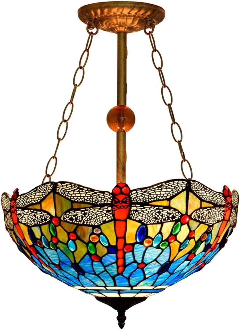 لوستر آویز شیشه ای طرح تیفانی، قطر 40 سانتی متر، طرح سنجاقک، مناسب اتاق ناهارخوری، بار، هنر، روشنایی داخلی
