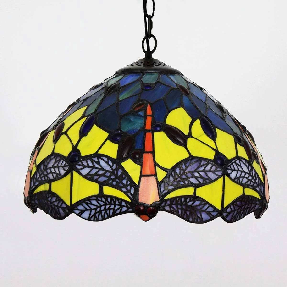 لوستر آویز شیشه ای رنگی سقفی 12 اینچی تیفانی طرح سنجاقک زرد، مناسب برای راهرو، اتاق خواب، رستوران و کافه