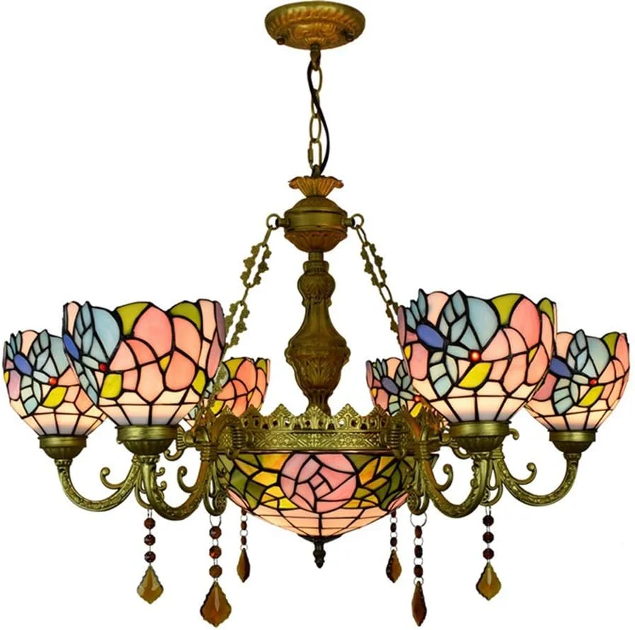 لوستر سقفی 32 اینچی تیفانی 6 شاخه طرح مرغ مگس خوار، آویز وارونه با شیشه های رنگی مناسب لابی، اتاق نشیمن، اتاق غذاخوری، رستوران و بار