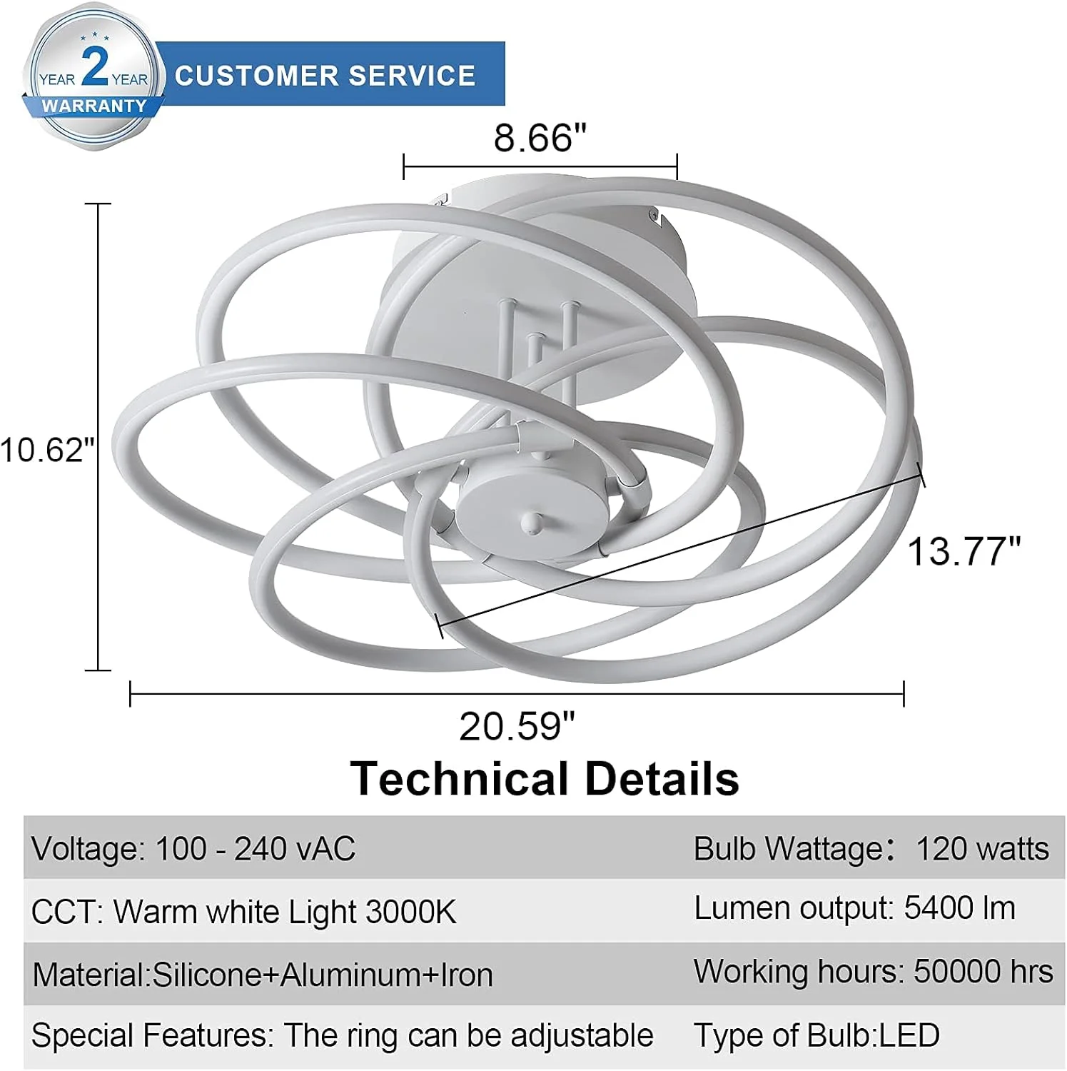 چراغ سقفی ال ای دی 13.8 اینچی بست وست، چراغ سقفی مدرن با نصب سطحی 5 حلقه، چراغ نزدیک به سقف برای اتاق خواب، اتاق نشیمن، اتاق غذاخوری، آشپزخانه، دارای گواهینامه ETL (سفید 5 حلقه)