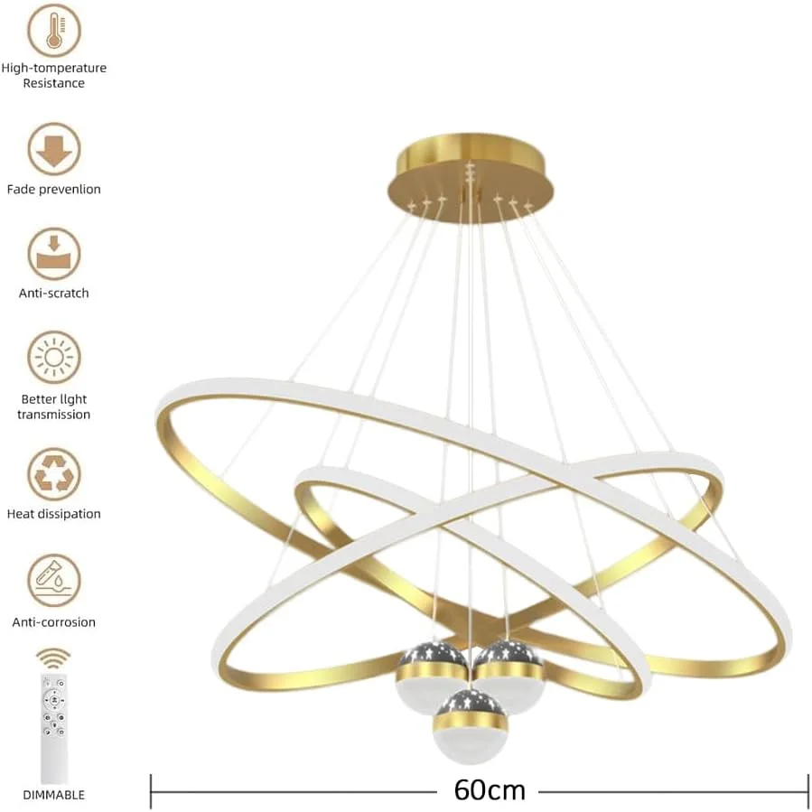 لوستر ال ای دی مدرن AOFGLING، لوستر 3 حلقه ای با کنترل از راه دور، لوستر 3 توپی دیمر دار با نورپردازی قابل تنظیم برای اتاق نشیمن، اتاق غذاخوری، اتاق خواب، راهرو، راه پله (طلایی)