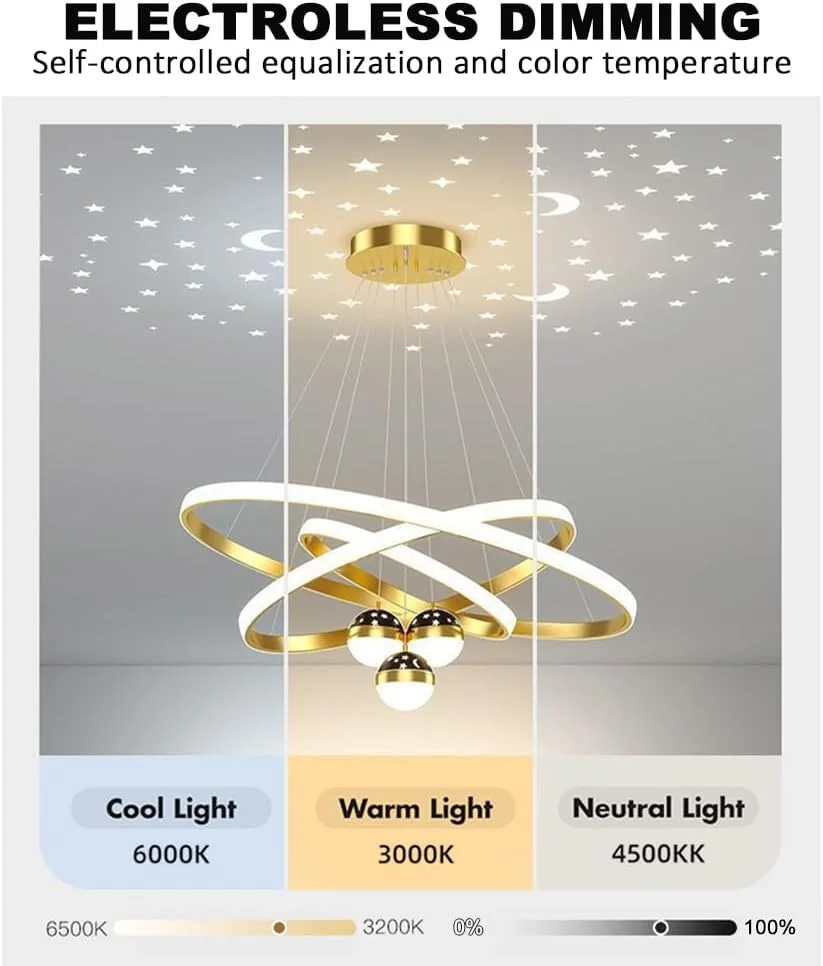 لوستر ال ای دی مدرن AOFGLING، لوستر 3 حلقه ای با کنترل از راه دور، لوستر 3 توپی دیمر دار با نورپردازی قابل تنظیم برای اتاق نشیمن، اتاق غذاخوری، اتاق خواب، راهرو، راه پله (طلایی)