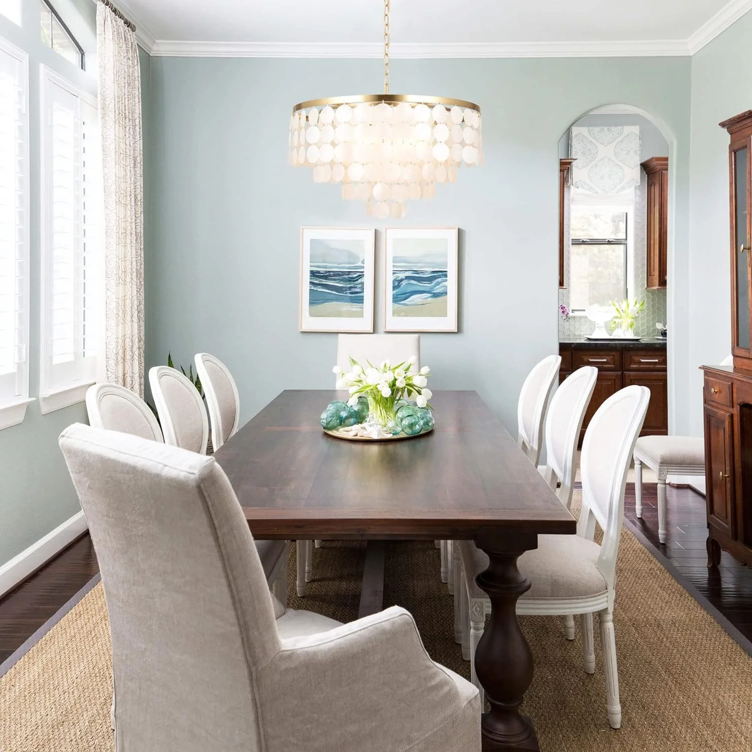 لوستر صدفی سفید ALICE HOUSE با روکش برنجی برس خورده، چراغ آویز مدرن 4 شعله برای جزیره آشپزخانه، اتاق غذاخوری، سرسرا، ورودی و اتاق خواب مدل AL2608-P4