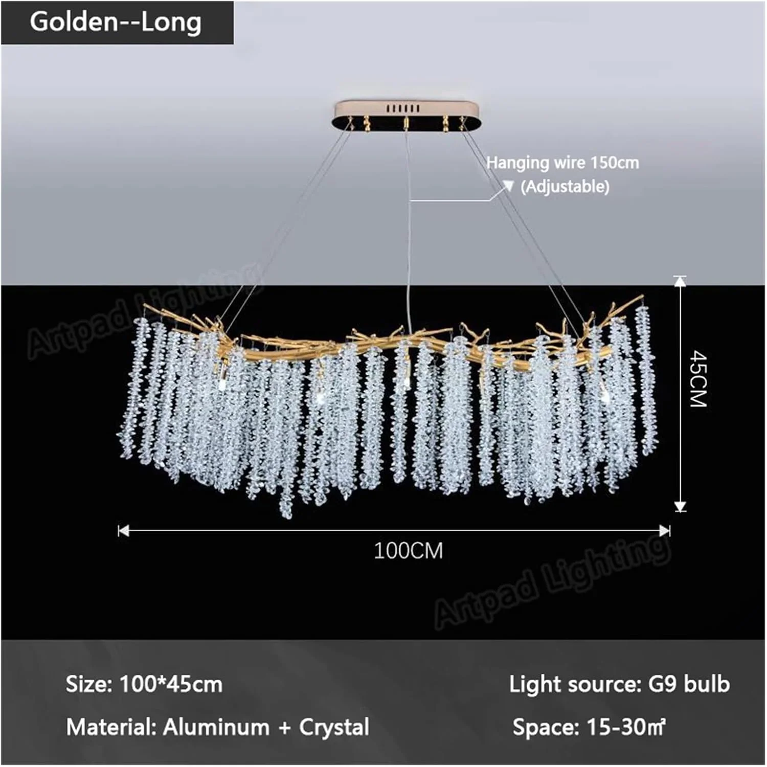 لوستر آویز سقفی کریستالی آمریکایی - لوستر آشپزخانه با نورپردازی آلومینیومی، شرابه ای شیشه ای بلند، لوسترهای لوکس مدرن، دکور مدرن، یک رنگ - بلند 100 سانتی متر طلایی
