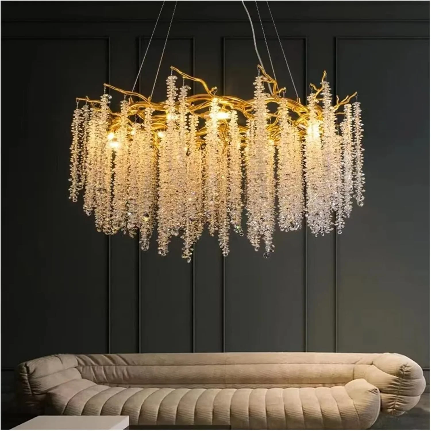 لوستر آویز سقفی کریستالی آمریکایی - لوستر آشپزخانه با نورپردازی آلومینیومی، شرابه ای شیشه ای بلند، لوسترهای لوکس مدرن، دکور مدرن، یک رنگ - بلند 100 سانتی متر طلایی