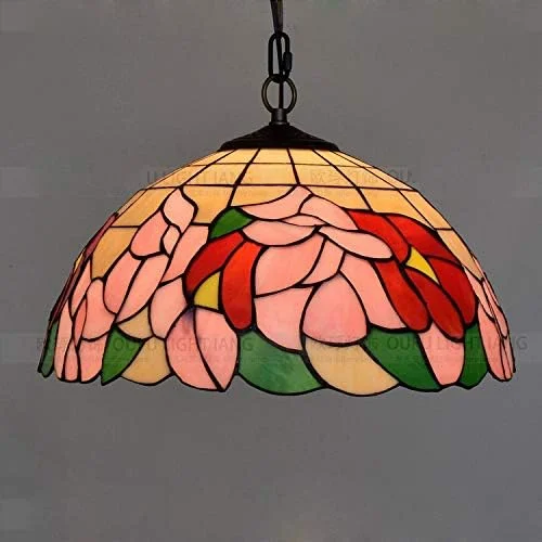 چراغ آویز طرح تیفانی 16 اینچی با گل های بگونیا، شیشه رنگی و پایه آلیاژ روی