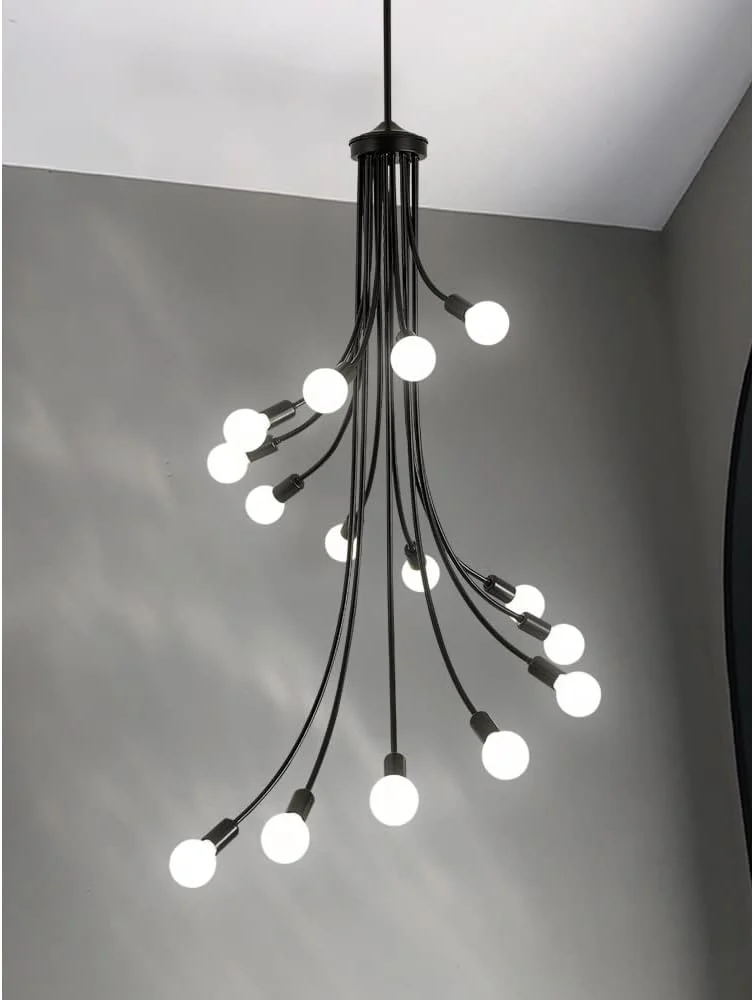 لوسترهای بلند 15 شاخه، چراغ های آویز صنعتی به ارتفاع 136 سانتی متر، مشکی مات - 12 شاخه نور سفید گرم