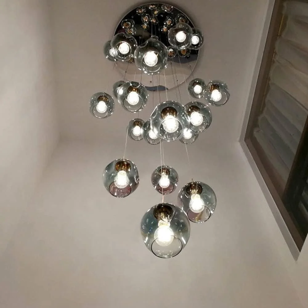 لوستر شیشه ای 15 شاخه مناسب سقف های بلند، چراغ آویز طرح قطره باران، لوستر گنبدی طلایی بلند سازگار با ورودی راهرو، راه پله، روشنایی سقفی، لوستر