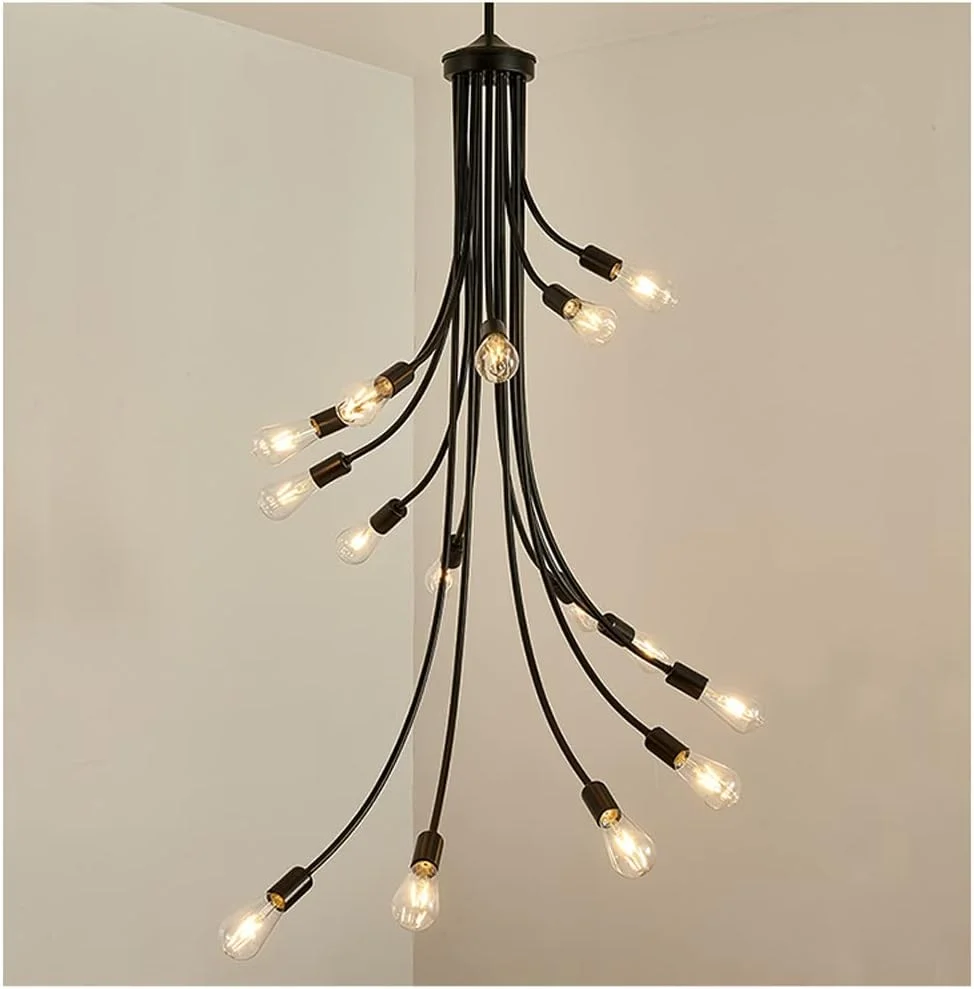 لوسترهای بلند 15 شاخه، چراغ های آویز صنعتی به ارتفاع 136 سانتی متر، مشکی مات - 12 شاخه نور سفید گرم