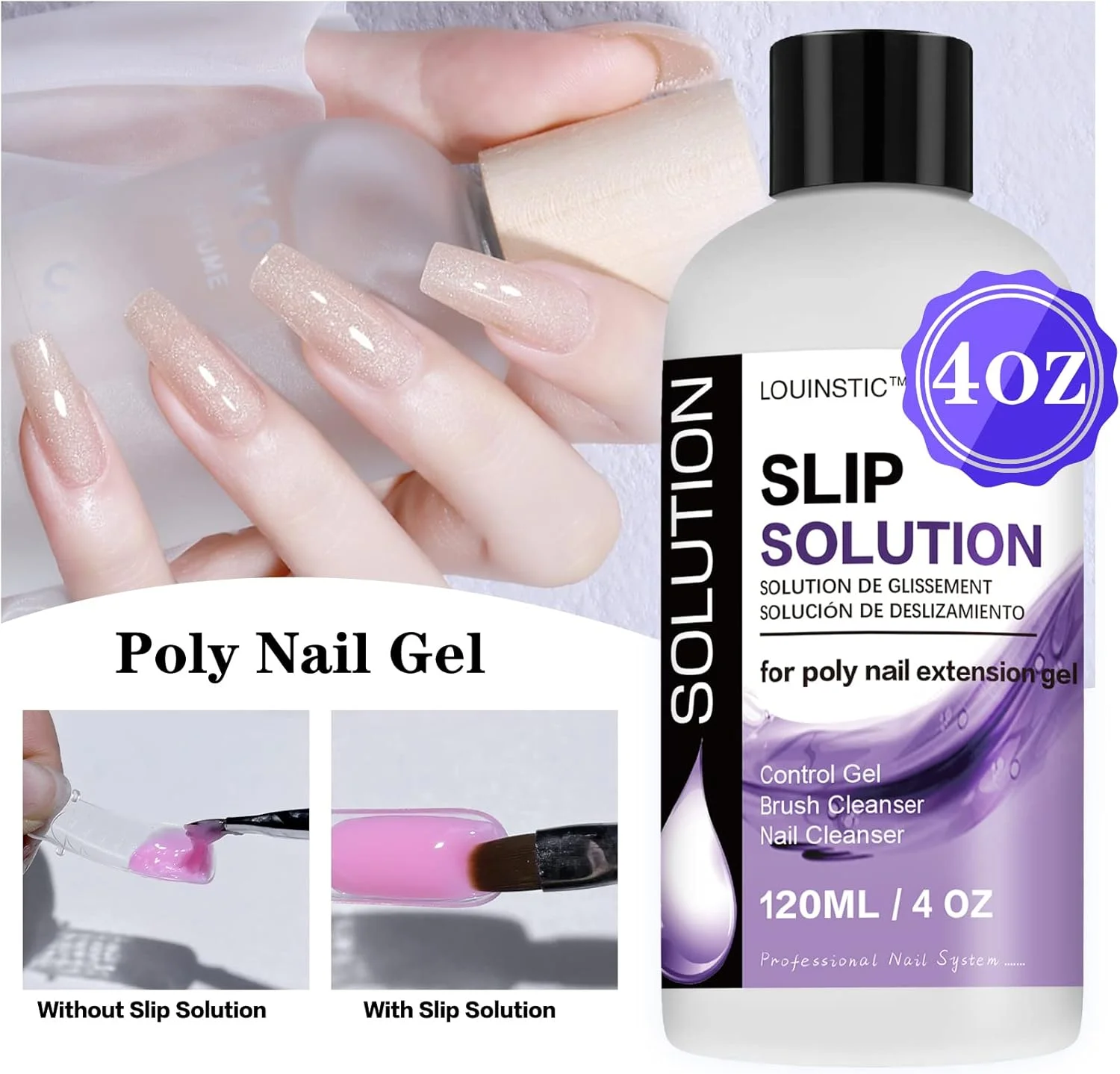 محلول لغزنده LOUINSTIC برای ژل اکستنشن پلی - 120 میلی لیتر، مایع ضد چسبندگی ژل اکستنشن ناخن حرفه ای، پاک کننده برس ناخن قابل تمیز کردن، استفاده آسان، مناسب برای مبتدیان