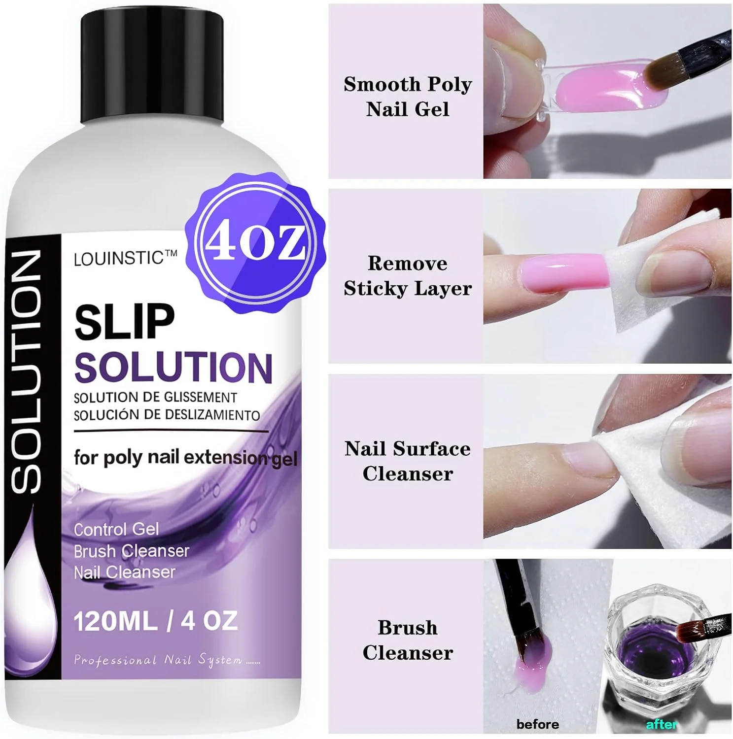 محلول لغزنده LOUINSTIC برای ژل اکستنشن پلی - 120 میلی لیتر، مایع ضد چسبندگی ژل اکستنشن ناخن حرفه ای، پاک کننده برس ناخن قابل تمیز کردن، استفاده آسان، مناسب برای مبتدیان