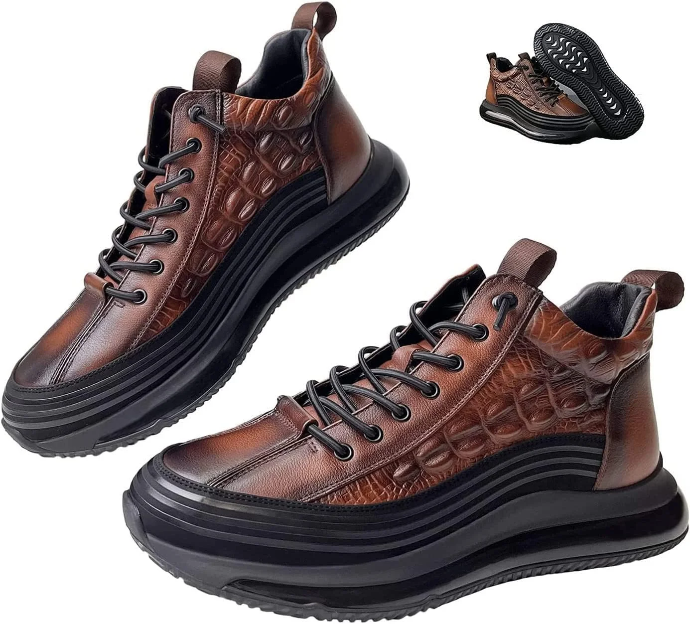 کفش های روزمره مردانه WOOLDS از جنس چرم گاوی با بالشتک هوا، کفش های کتانی روزمره مردانه با طرح پوست کروکودیل و افزایش قد، کفش های کتانی مردانه با طرح پوست کروکودیل از جنس چرم گاوی (قهوه ای، 42)