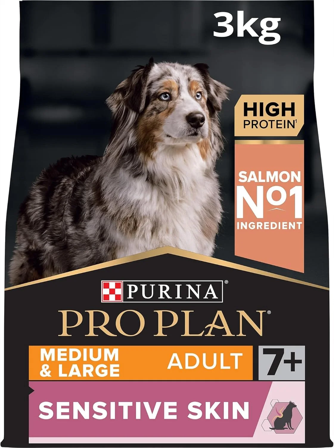 غذای خشک سگ با طعم سالمون، مناسب سگ های مسن بالای 7 سال با پوست حساس، نژاد متوسط و بزرگ، 3 کیلوگرم، پرو پلن