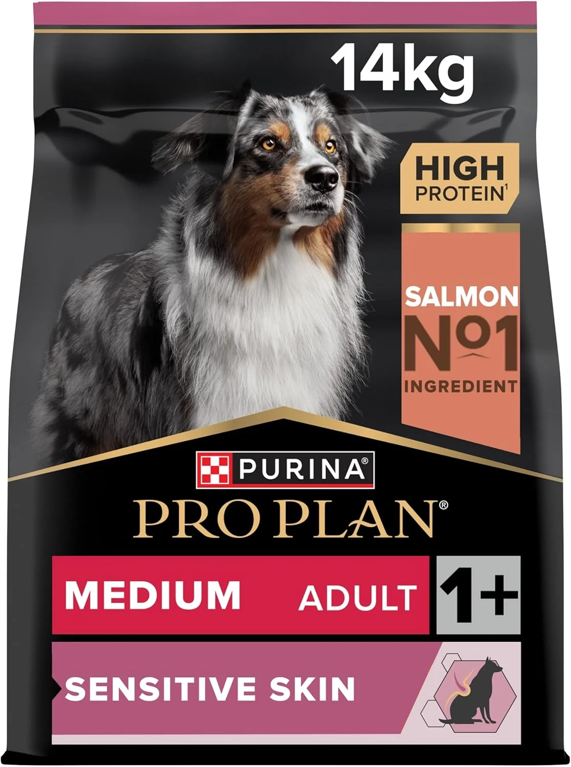 غذای خشک سگ بالغ با پوست حساس Purina Pro Plan، سایز متوسط، با طعم ماهی سالمون، 14 کیلوگرم