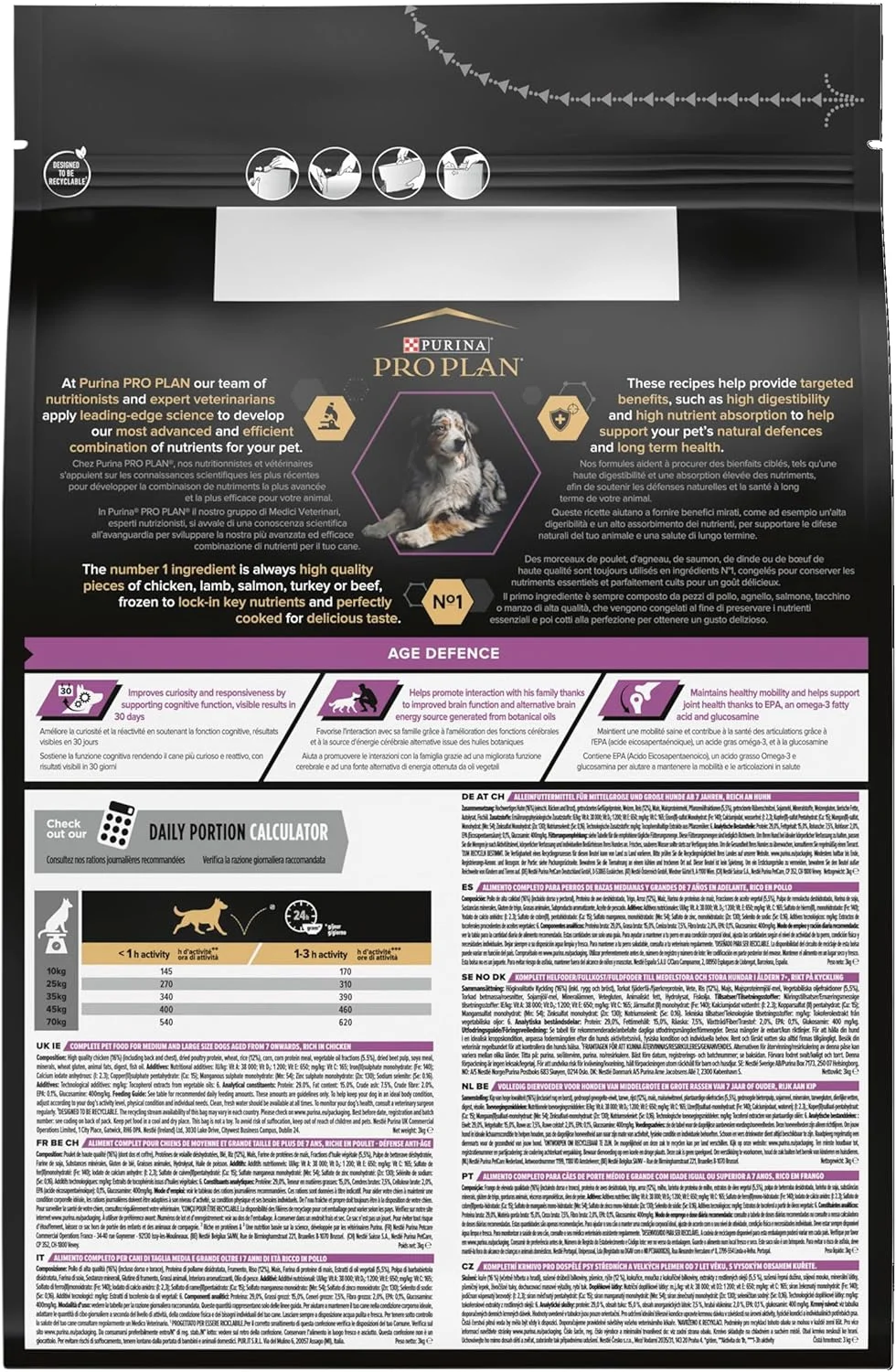 غذای خشک سگ بالای 7 سال Purina Pro Plan Age Defence برای نژادهای متوسط و بزرگ با طعم مرغ، 3 کیلوگرم