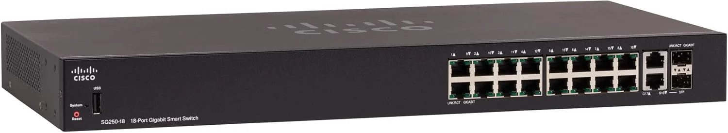 سوئیچ هوشمند سیسکو SG250-18 با 18 پورت گیگابیتی اترنت (GbE) شامل 16 پورت RJ45 گیگابیتی اترنت و 2 پورت ترکیبی SFP گیگابیتی اترنت (SG250-18-K9-NA)