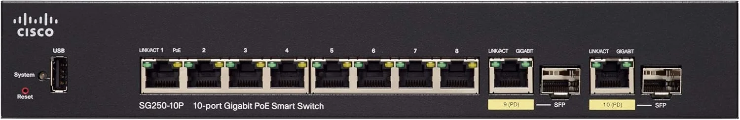 سوئیچ هوشمند سیسکو SG250-10P با 10 پورت گیگابیتی اترنت (GbE)، 2 پورت ترکیبی گیگابیتی اترنت SFP، توان PoE 62 وات (SG250-10P-K9-NA) سوئیچ هوشمند سیسکو SG250-10P با 10 پورت گیگابیتی اترنت (GbE)، 2 پورت ترکیبی گیگابیتی اترنت SFP، توان PoE 62 وات (SG250-10P-K9-NA)