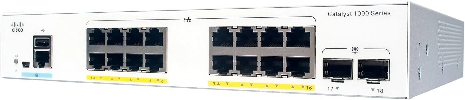 سوئیچ شبکه سیسکو Catalyst 1000-16FP-2G-L، دارای 16 پورت گیگابیتی اترنت PoE+، بودجه PoE 240W، 2 پورت آپلینک 1G SFP، عملکرد بدون فن، Enhanced Limited (C1000-16FP-2G-L)