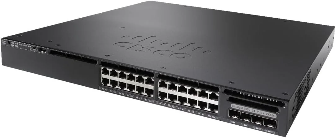 سوئیچ شبکه سیسکو کاتالیست 3650-24PD-S، دارای 24 پورت گیگابیت اترنت (GbE) PoE+، دو آپلینک 10G و دو آپلینک 1G، منبع تغذیه 640WAC، 1RU (WS-C3650-24PD-S)
