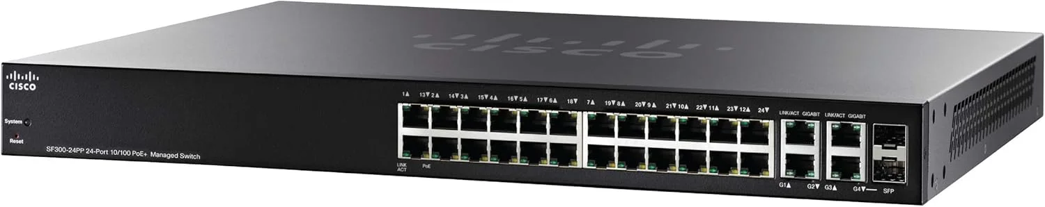 سوییچ مدیریتی سیسکو SF300-24PP با 24 پورت 10/100 PoE و آپ‌لینک گیگابیتی (بازسازی شده)، محصول کسب و کارهای کوچک سیسکو