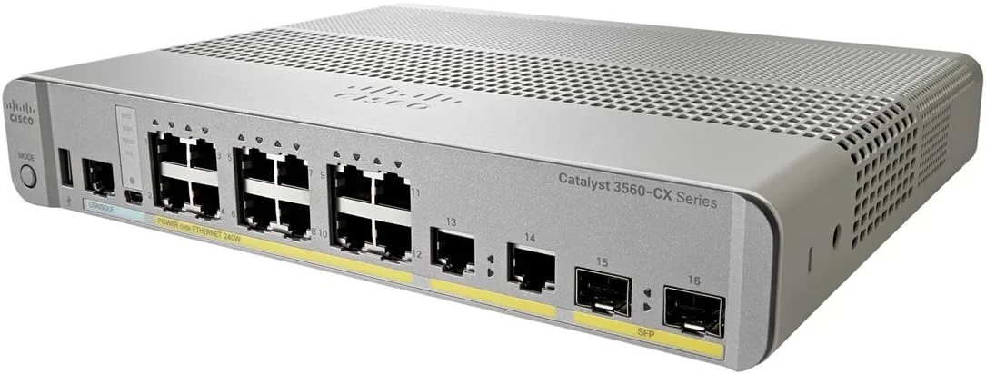سوییچ شبکه سیسکو کاتالیست 3560CX-12PC-S، دارای 12 پورت گیگابیتی اترنت (GbE)، 8 خروجی PoE+، بودجه PoE 240 واتی، 2 آپلینک مسی 1G و 2 آپلینک SFP 1G