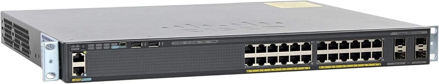 سوئیچ اترنت 24 پورت سیسکو کاتالیست WS-C2960X-24PS-L با توان PoE 370 وات، مشکی