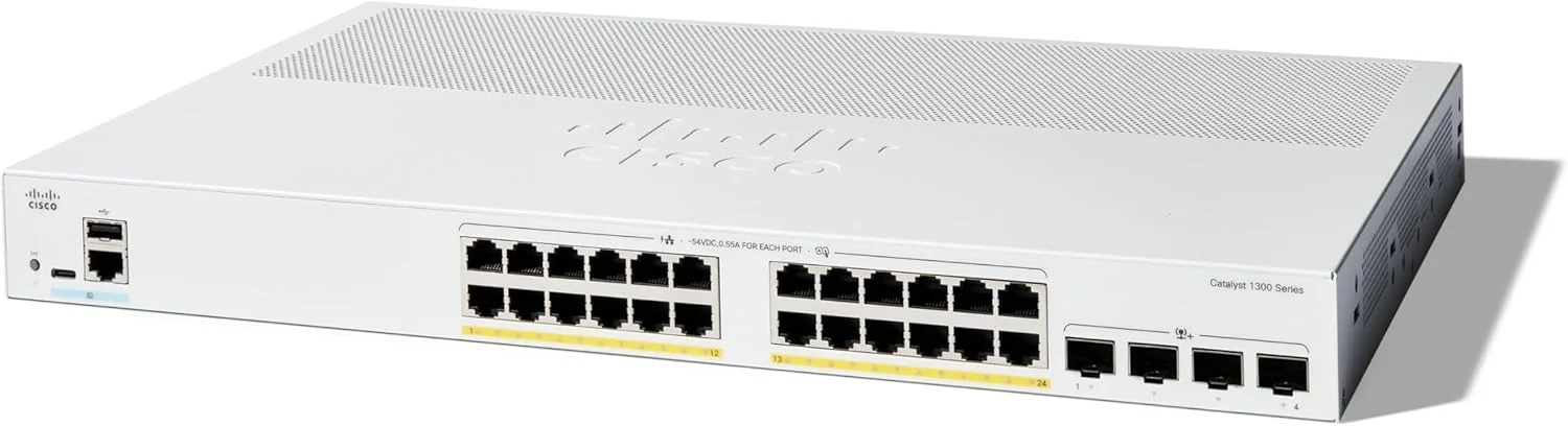 سوئیچ مدیریتی سیسکو کاتالیست 1300-24P-4X، دارای 24 پورت GE، PoE و 4 پورت 10GE SFP+ (C1300-24P-4X)