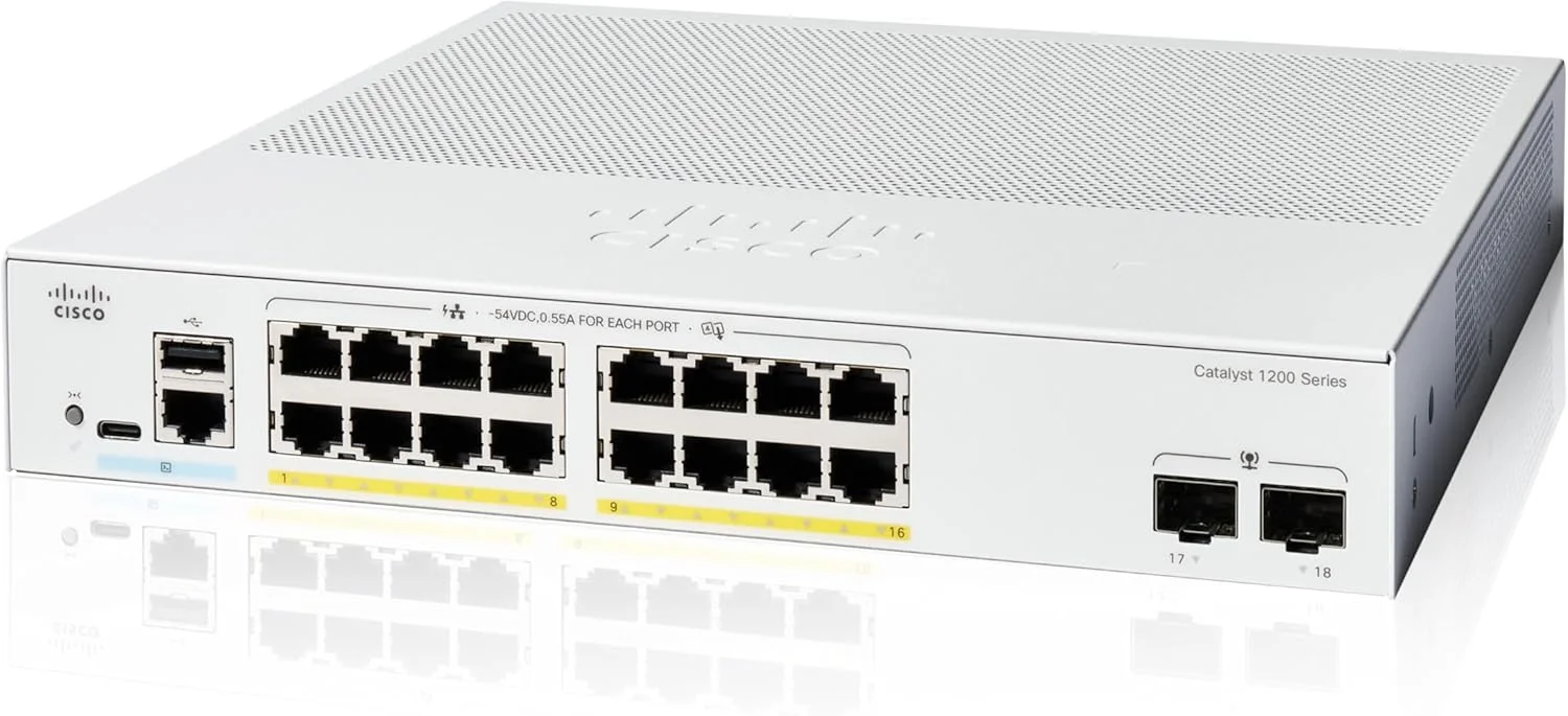 سوییچ هوشمند سیسکو کاتالیست 1200-16P-2G، دارای 16 پورت GE، PoE، 2 پورت 1GE SFP (C1200-16P-2G)