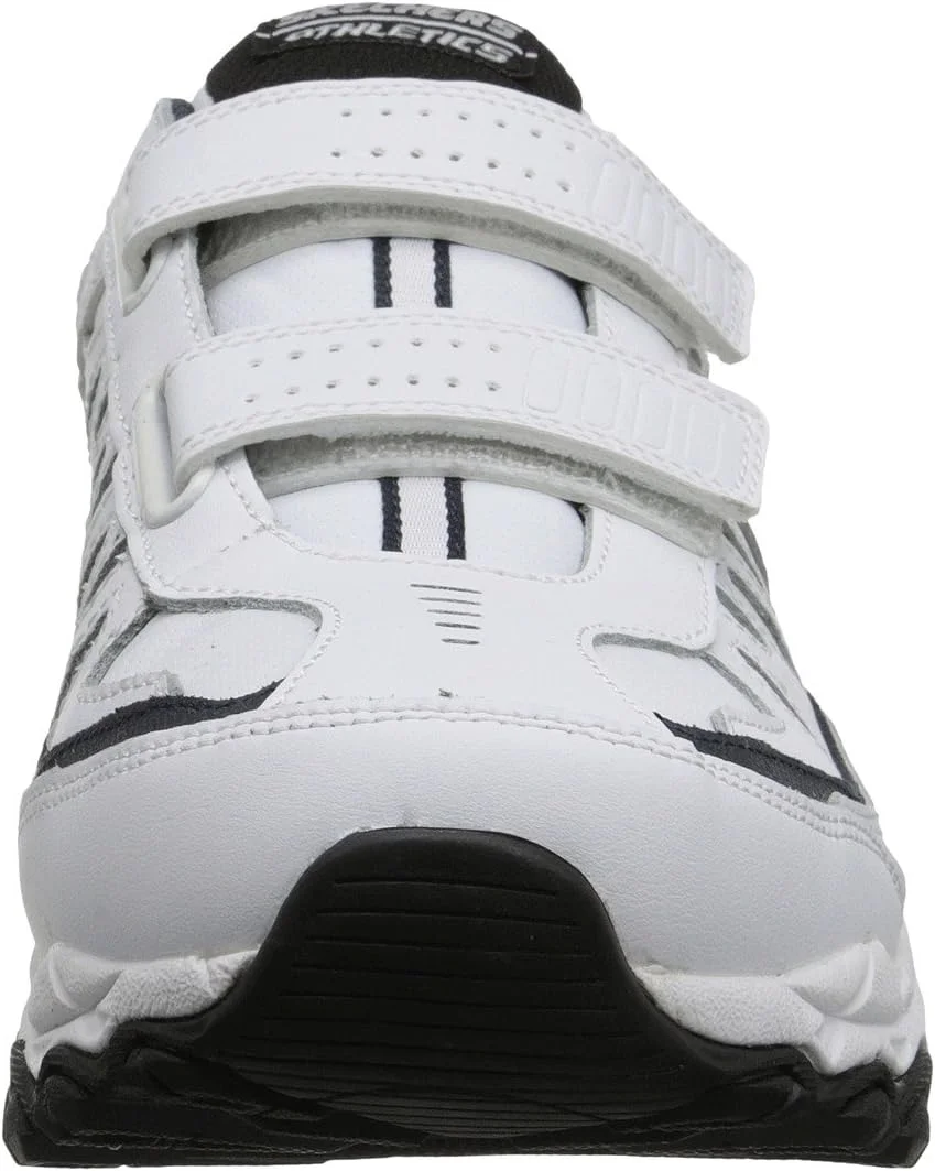 کفش ورزشی مردانه اسکیچرز مدل AFTERBURN M.FIT- FIN Strike با فوم حافظه دار و چسبی، سفید/سرمه ای، سایز 46 EU X-Wide