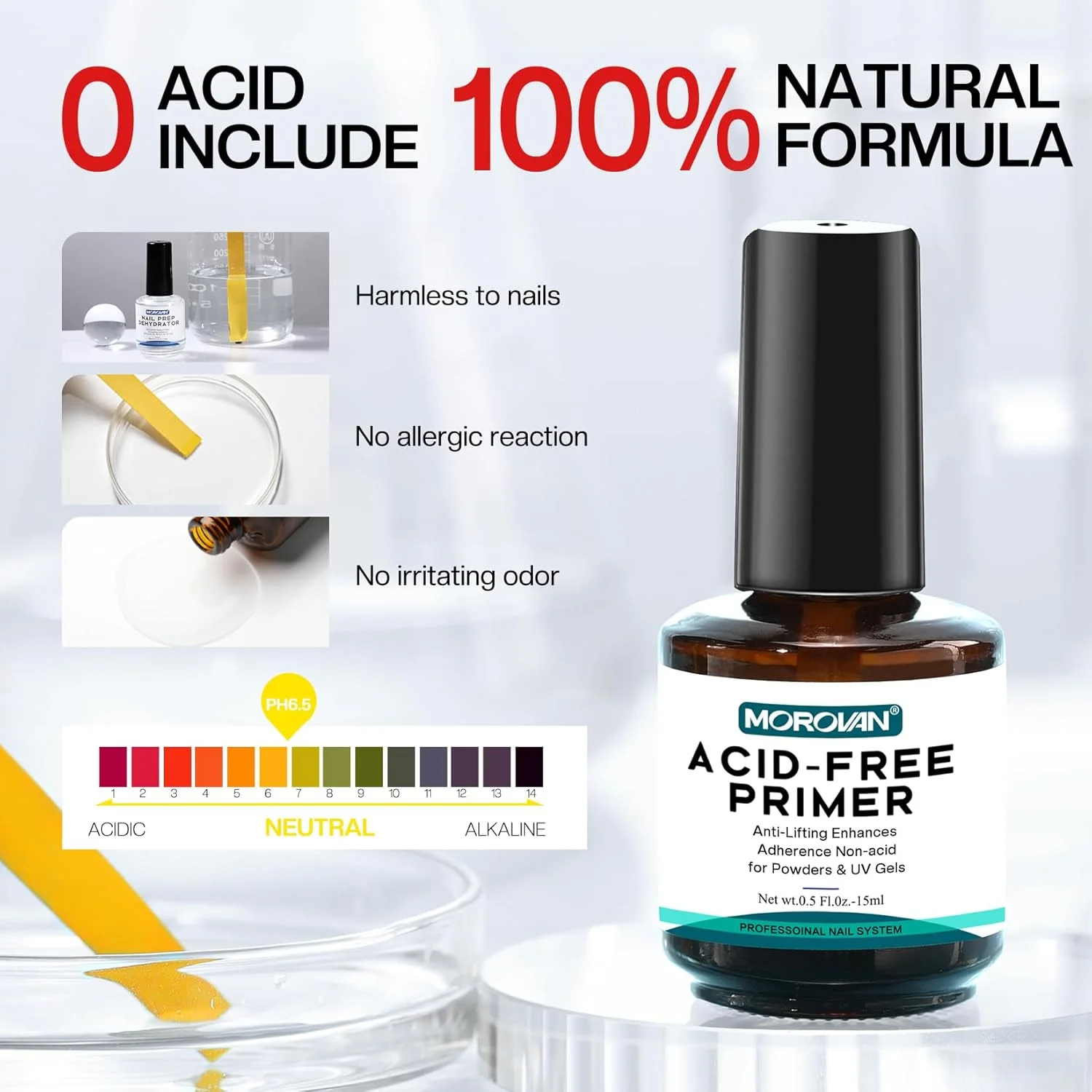 مجموعه پرایمر بدون اسید و دهیدراتور آماده‌سازی ناخن طبیعی حرفه‌ای مورووان، پیوند پروتئینی برتر، خشک شدن سریع در هوا برای لاک ژل و پودر اکریلیک 15 میلی لیتر