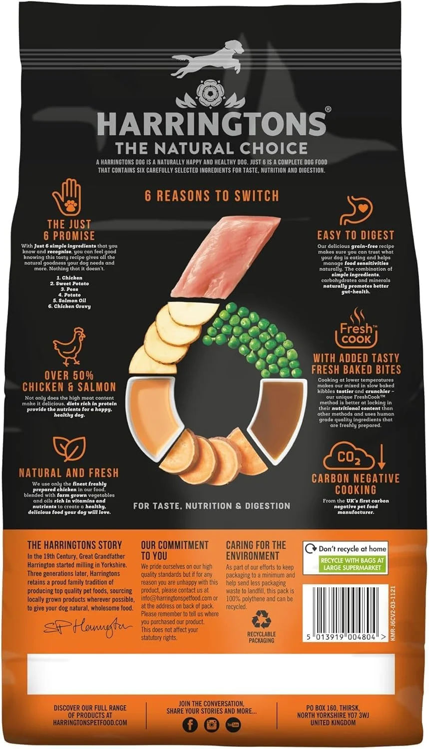 غذای خشک سگ بدون غلات هارینگتونز فقط 6 طعم مرغ و سبزیجات کامل با تکه های تازه پخته شده خوشمزه 4x2 کیلوگرم