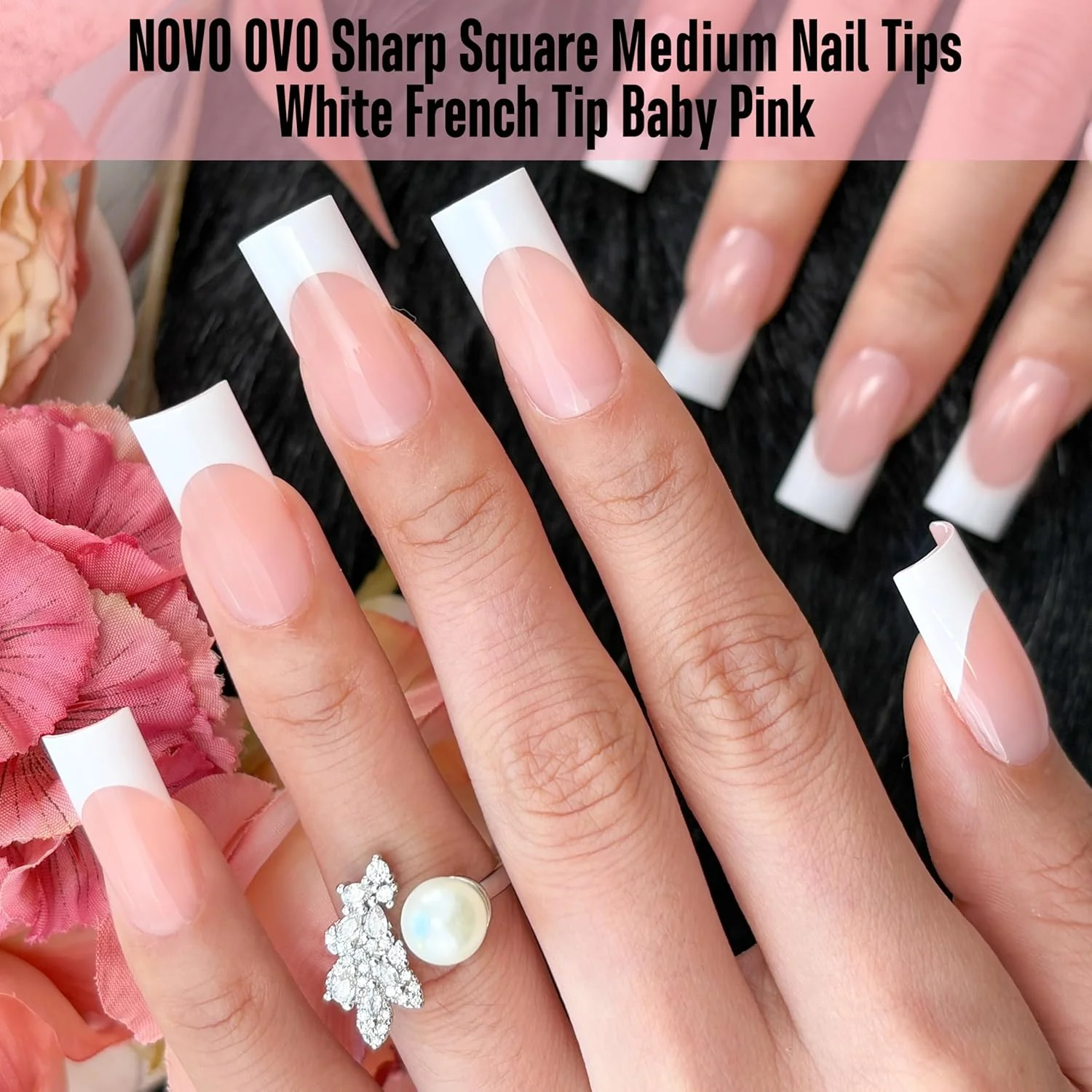 نوو اوو نوک ناخن فرنچ مربعی تیز متوسط ​​سفید صورتی پاستیلی، لایه رویی ژل بیلدر فوق العاده ضخیم، اکستنشن ناخن پوشش کامل ژل نرم در DIY، 15 سایز، بسته 180 عددی