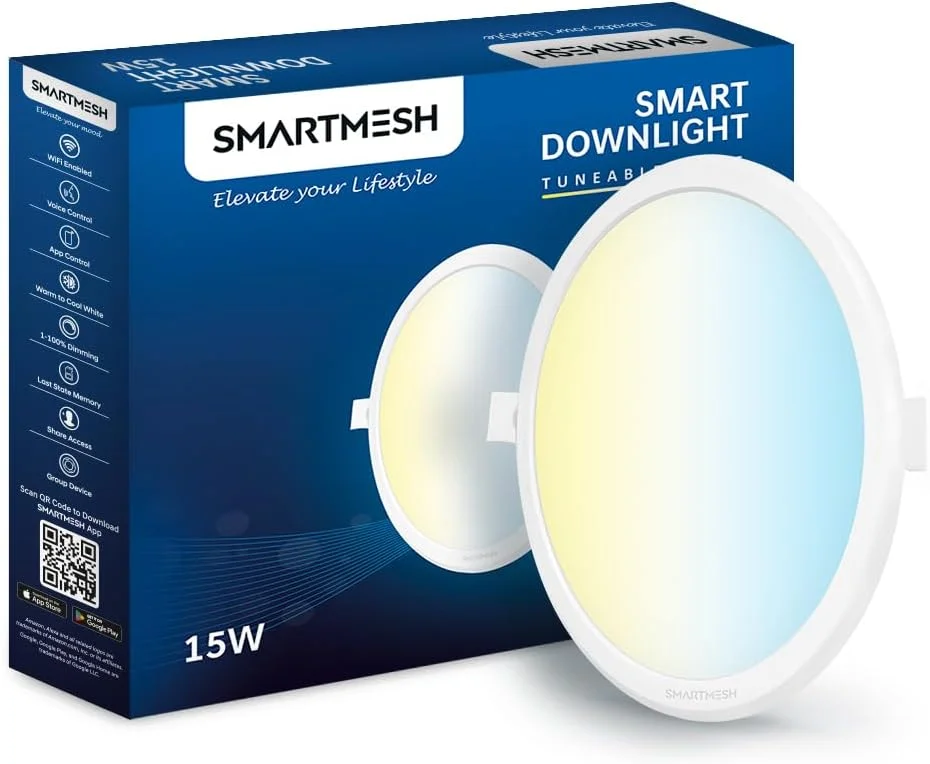 چراغ سقفی هوشمند LED مدل SmartMesh WiFi+BLE CCT با توان 15 وات، گرد | قابلیت تنظیم رنگ سفید از سفید گرم تا سفید سرد | سازگار با الکسا و گوگل اسیستنت (تک عددی)