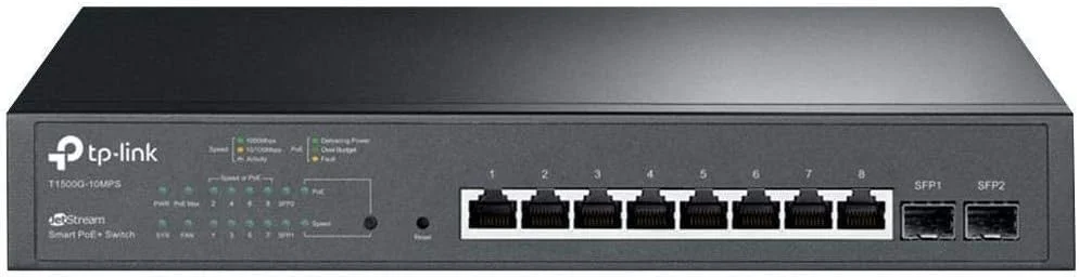 سوییچ 8 پورت گیگابیتی هوشمند PoE پلاس TP-Link Jet Stream با 2 اسلات SFP، مدل T1500G-10MPS