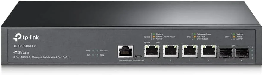 سوئیچ مدیریتی PoE تی‌پی‌لینک مدل TL-SX3206HPP با 6 پورت 10 گیگ، لایه 2 پلاس، 4 پورت PoE++ با توان 200 وات، 2 اسلات SFP+ 10G، بازیابی PoE، یکپارچه با Omada SDN، مسیریابی استاتیک و IPv6