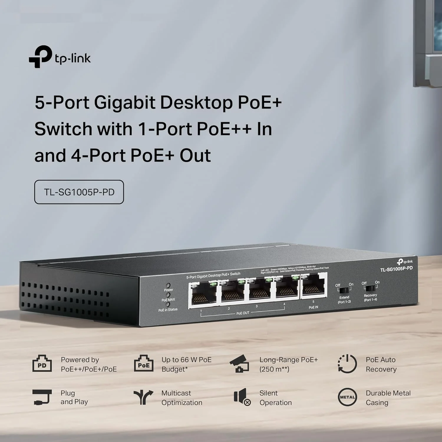 سوییچ اترنت گیگابیتی 5 پورت TP-Link TL-SG1005P-PD با قابلیت PoE Passthrough | 1 پورت ورودی PoE++ با توان 90 وات، 4 پورت خروجی PoE+ تا 66 وات | Plug & Play | حالت توسعه | QoS، IGMP، بازیابی خودکار PoE | فقط با PoE تغذیه می شود | بدون فن